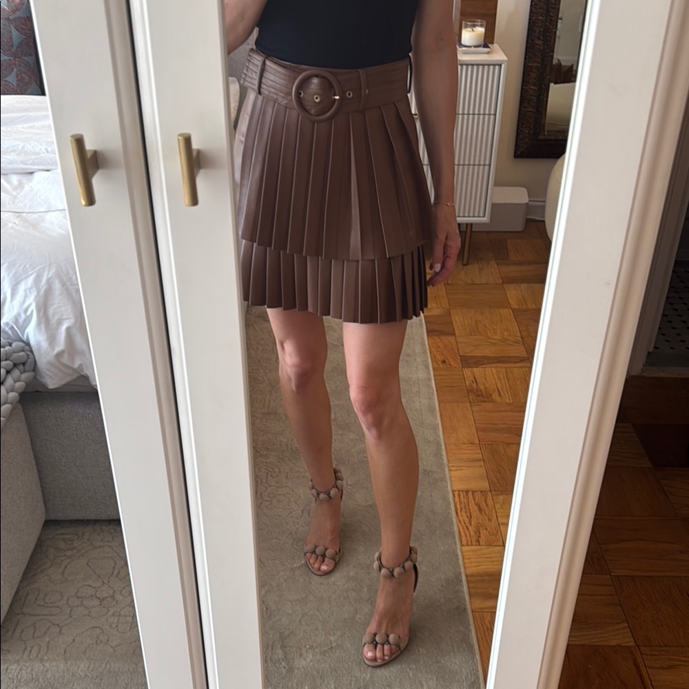 Zara Brown Pleated Faux-Leather Mini Skirt with Belt